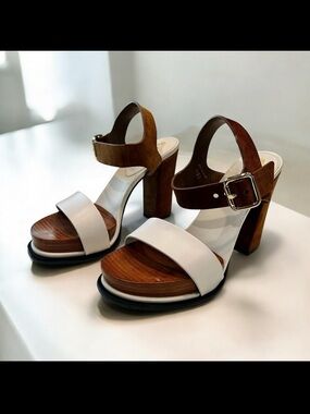 Tods Leather Platform Sandals Brown and White